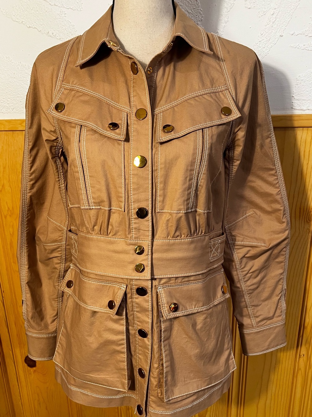 Veronica Beard Keswick Topstitch Cotton Khaki Utility Jacket Size-4 - Picture 2 of 12